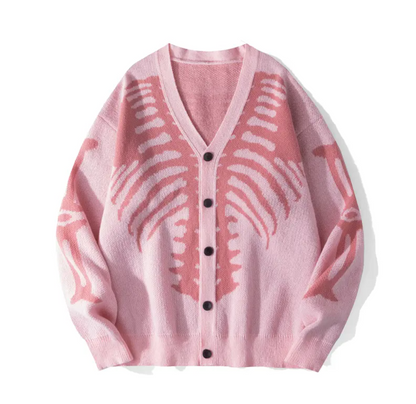 Halloween Skeleton Print Knit Cardigan Gothic V-Neck Button Down Sweater