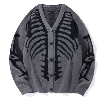 Halloween Skeleton Print Knit Cardigan Gothic V-Neck Button Down Sweater