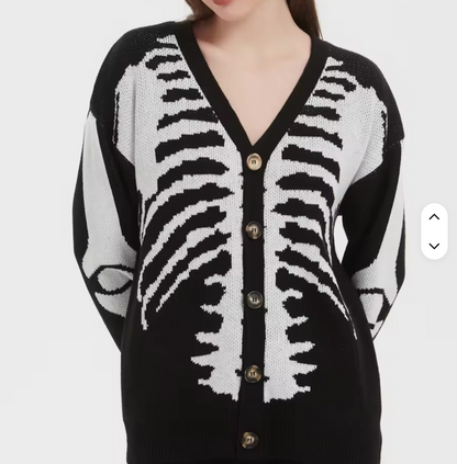 Halloween Skeleton Print Knit Cardigan Gothic V-Neck Button Down Sweater
