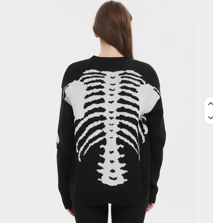 Halloween Skeleton Print Knit Cardigan Gothic V-Neck Button Down Sweater