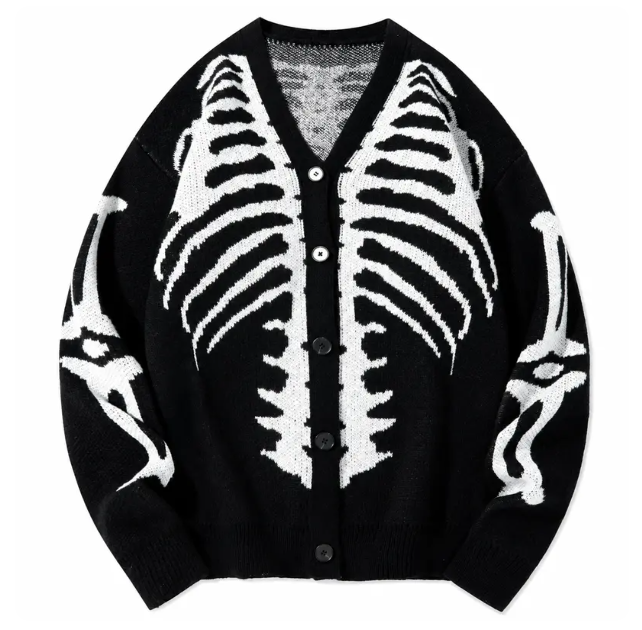 Halloween Skeleton Print Knit Cardigan Gothic V-Neck Button Down Sweater