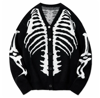 Halloween Skeleton Print Knit Cardigan Gothic V-Neck Button Down Sweater