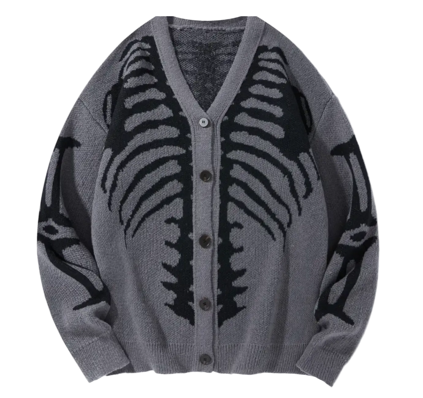 A gray knit cardigan sweater with a black rib cage pattern on the front and sleeves, featuring a button-up front and V-neck, shown against a plain white background.