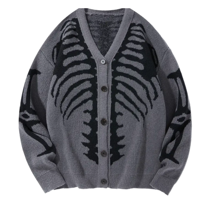 A gray knit cardigan sweater with a black rib cage pattern on the front and sleeves, featuring a button-up front and V-neck, shown against a plain white background.