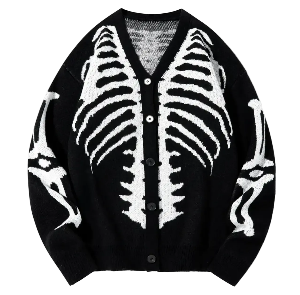 A black knit cardigan sweater featuring a large white rib cage pattern on the front and white skeleton arm motifs on the sleeves, shown flat against a white background.