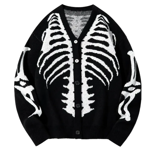 A black knit cardigan sweater featuring a large white rib cage pattern on the front and white skeleton arm motifs on the sleeves, shown flat against a white background.