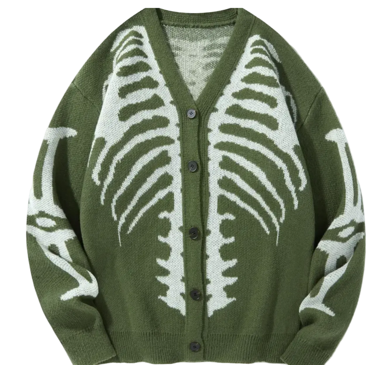 An olive green knit cardigan sweater with a white rib cage pattern on the front and sleeves, featuring a button-up front.
