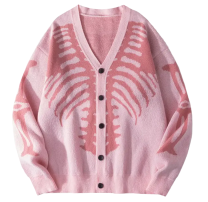 A pink knit cardigan sweater with a large white rib cage pattern across the front and black buttons down the center, laid flat on a white background.